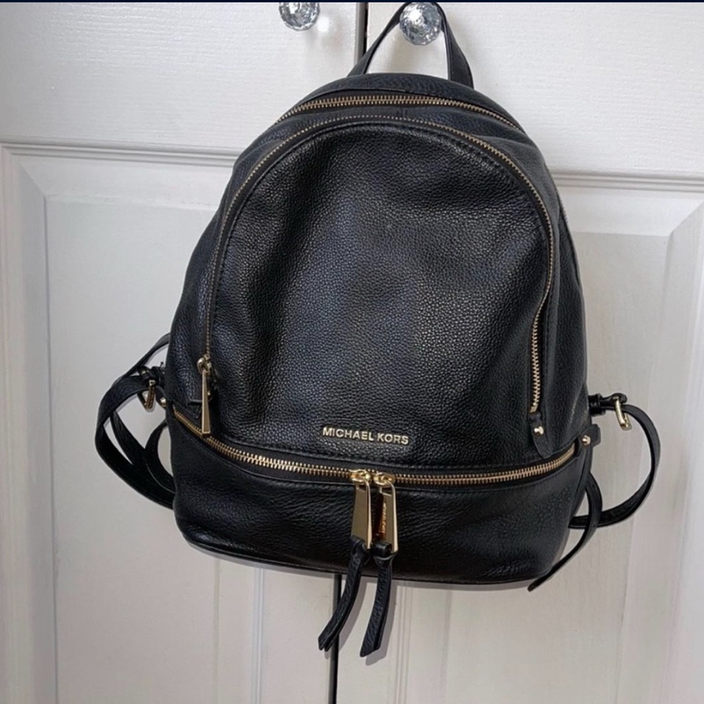 Michael Kors Black Leather Backpack with Gold Accents